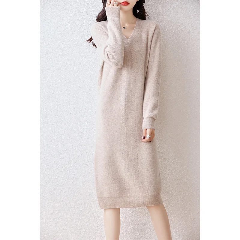 100% pure wool vestido feminino Hot Sale 2023 Winter New Fashion Cashmere Thick Dresses Female V-neck  Wool Clothing DR01