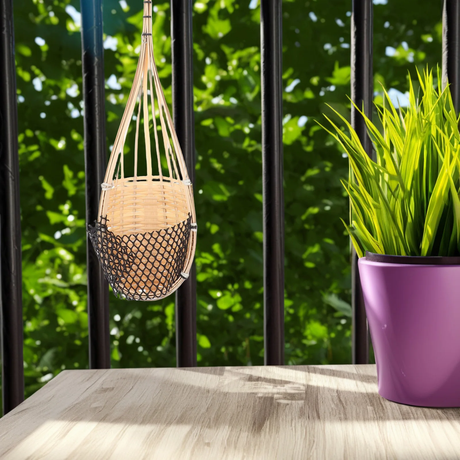 

Bamboo Hanging Basket Half Round Bird Nest Style Hanging Planter Pot Mesh Metal Hook Indoor Outdoor Garden Wall Decor Boho Plant