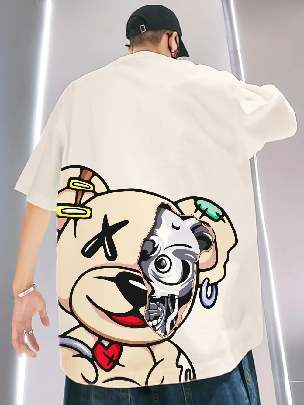 European and American Men's Summer Fun Mechanical Teddy Bear Print Soft and Breathable Round Neck T-Shirt Outdoor Street Top