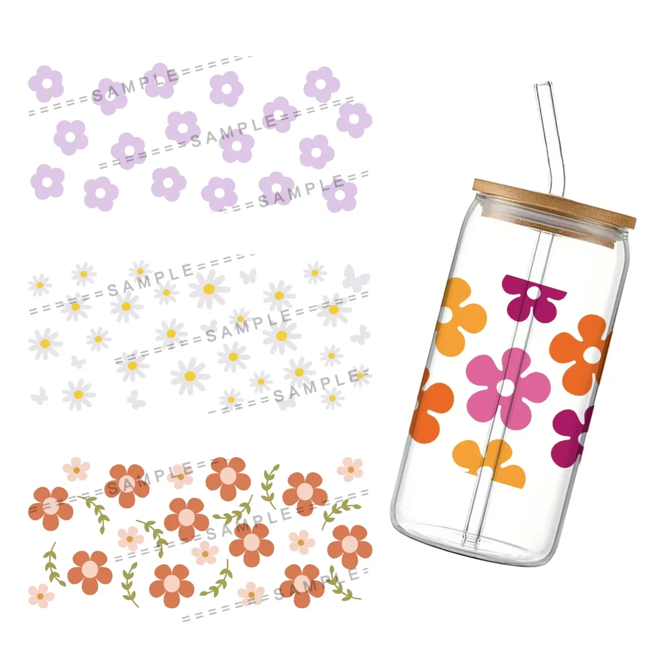 

Colorful Flowers For Libbey 16oz Can Glass UV DTF Coffee Can Wrap Libbey Glass Wrap