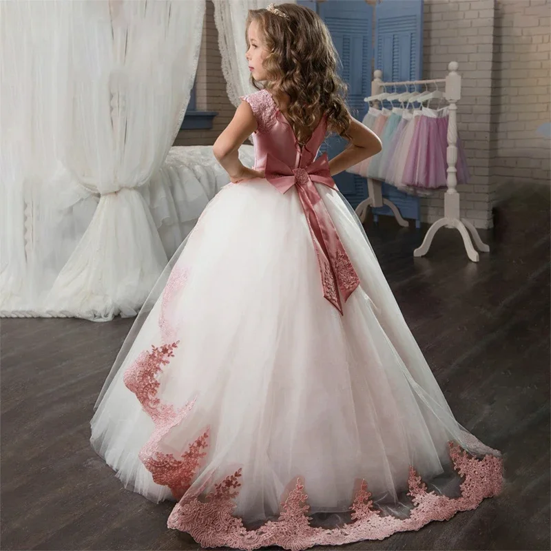 

Girls Cap Sleeve Satin Bodice Tulle Ball Gown with Bow Back and Floral Lace Trim Elegant Design for Formal Occasions Weddings Fl