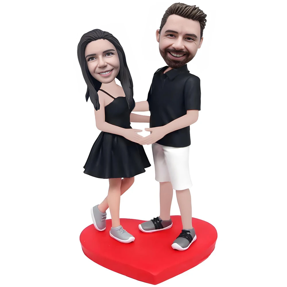 Valentine's Day Gift, Custom Couple Bobblehead Figurine, Heart Base, Personalized Bobble Head Statue, Handmade Sculpture