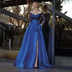 Classy Royal Blue Mother of the Bride Dresses Long Sleeve Satin A-Line Wedding Guest Sequin Appliques Prom Gown Customized