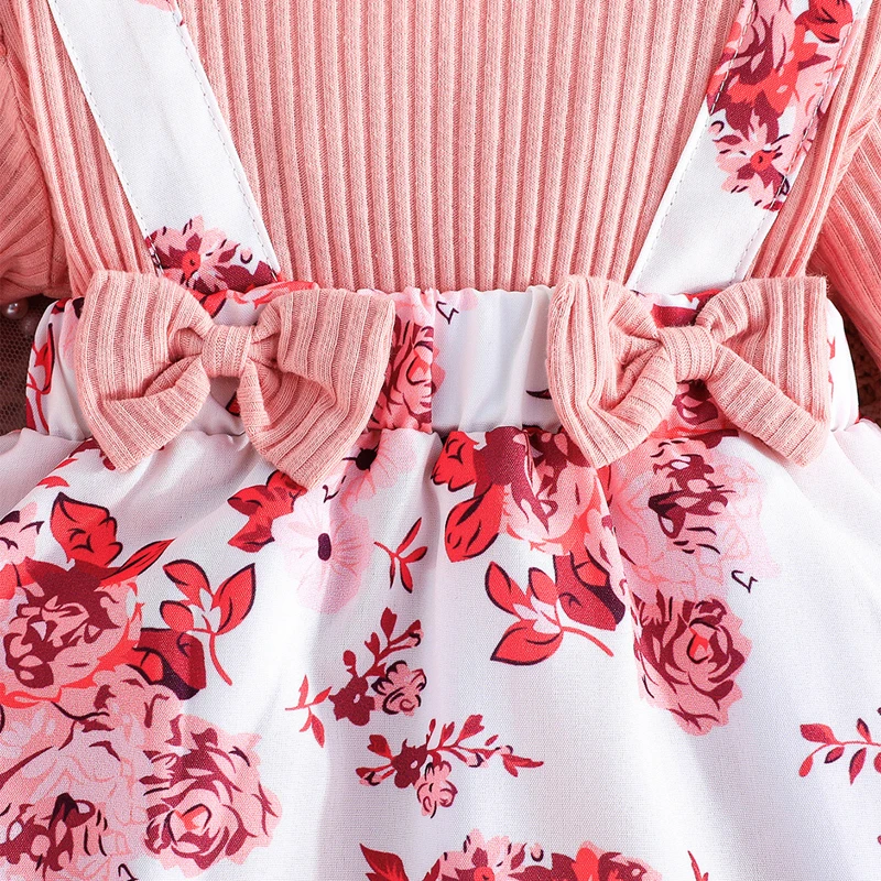 

Осенний комбинезон для маленьких девочек, винтажный комбинезон с цветочным принтом и длинными рукавами, круглым вырезом и бантом, комплект с повязкой на голову на осень