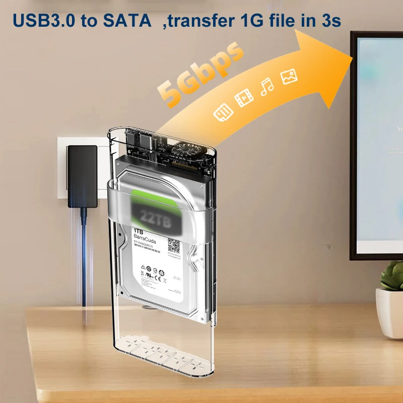 Корпус для жесткого диска/SSD 2,5/3,5 дюйма, прозрачный USB 3,0/тип C HDD SATA, внешний корпус, поддержка высокоскоростного адаптера 22 ТБ для портативных ПК
