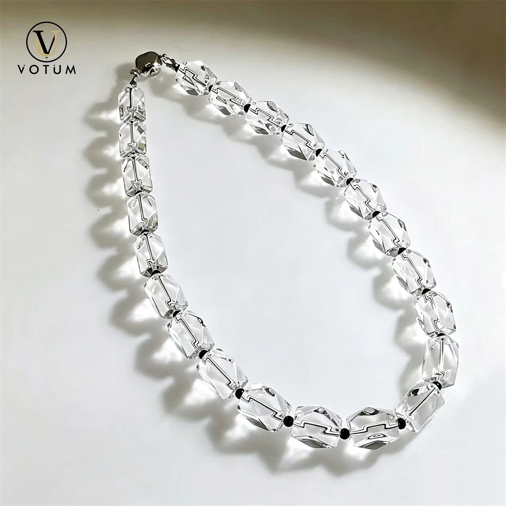 Votum Natural Faceted Clear Quartz Beaded Choker Necklace for Women White Crystal Healing Black Agate Beads Necklaces Jewelry