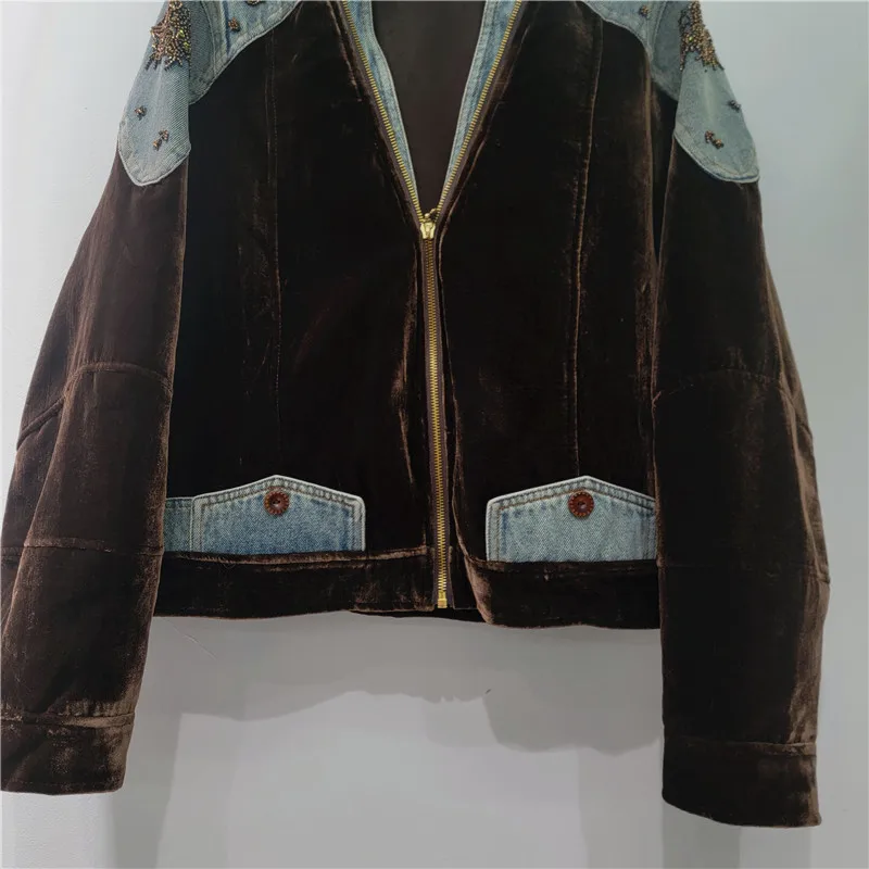 

Бархатная джинсовая куртка с вышивкой 2025г. | Блейзер с цветными блоками из бисера и шикарным дизайнерским стилем в стиле ретро в стиле бохо