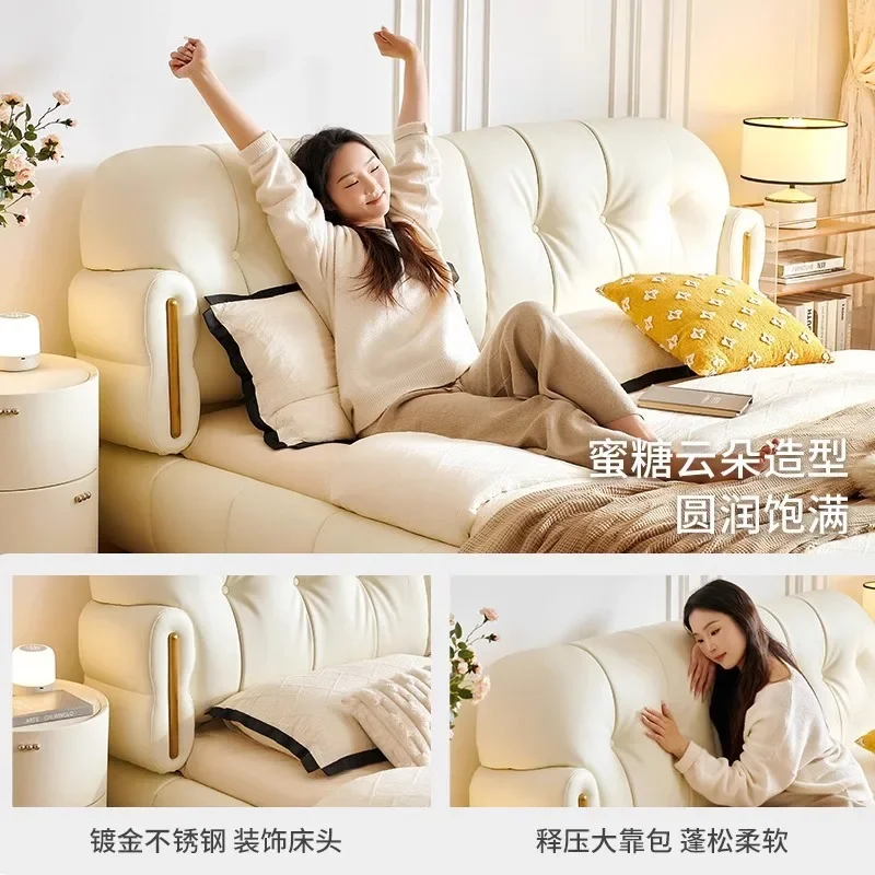 French cream wind marshmallow first layer cowhide light luxury double master bedroom high-end puff cloud leather bed