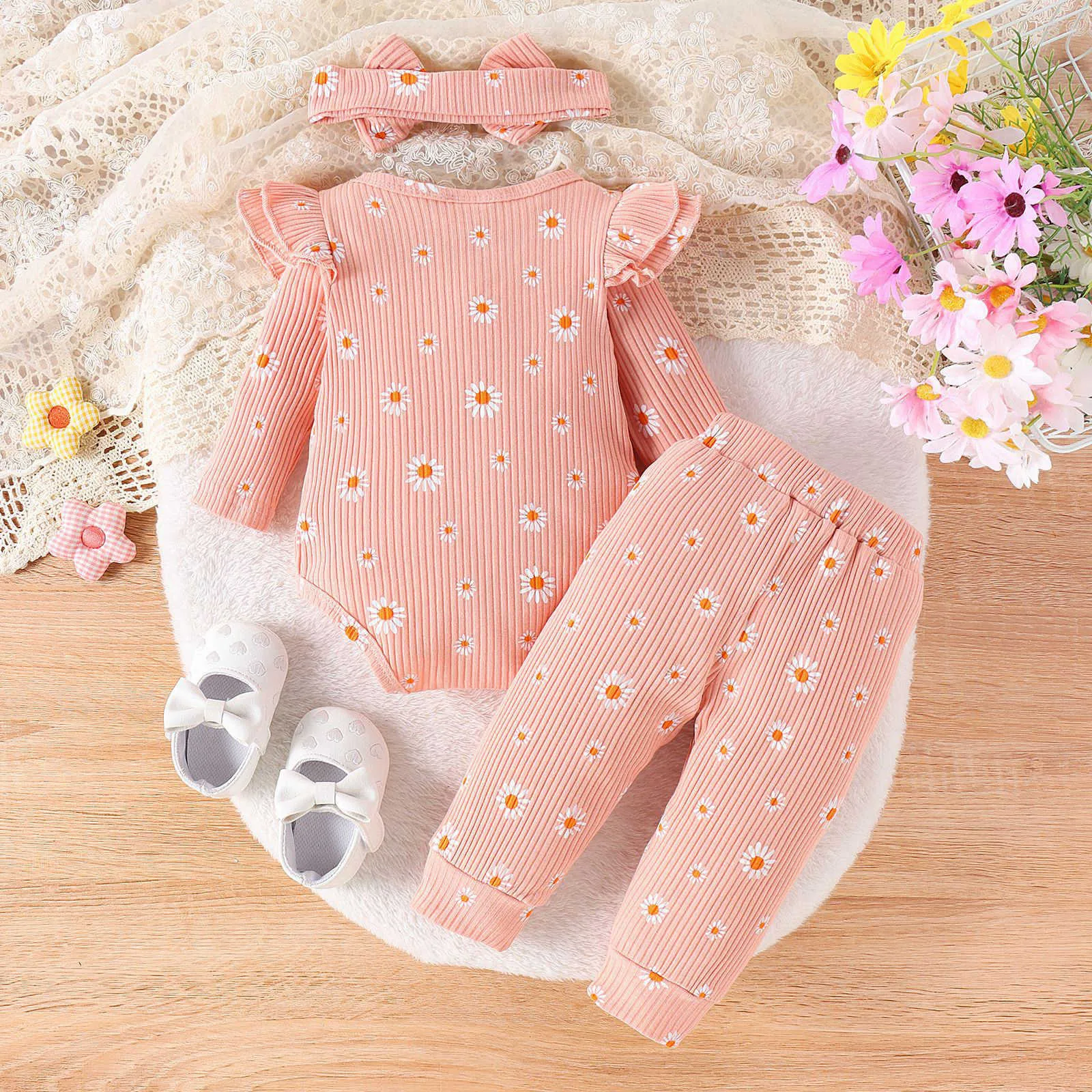 3 6 9 12 Months Infant Baby Girls Clothes Sets Autumn Winter Long Sleeve Ruffles Bodysuit+Floral Print Pants+ Headbands Outfits