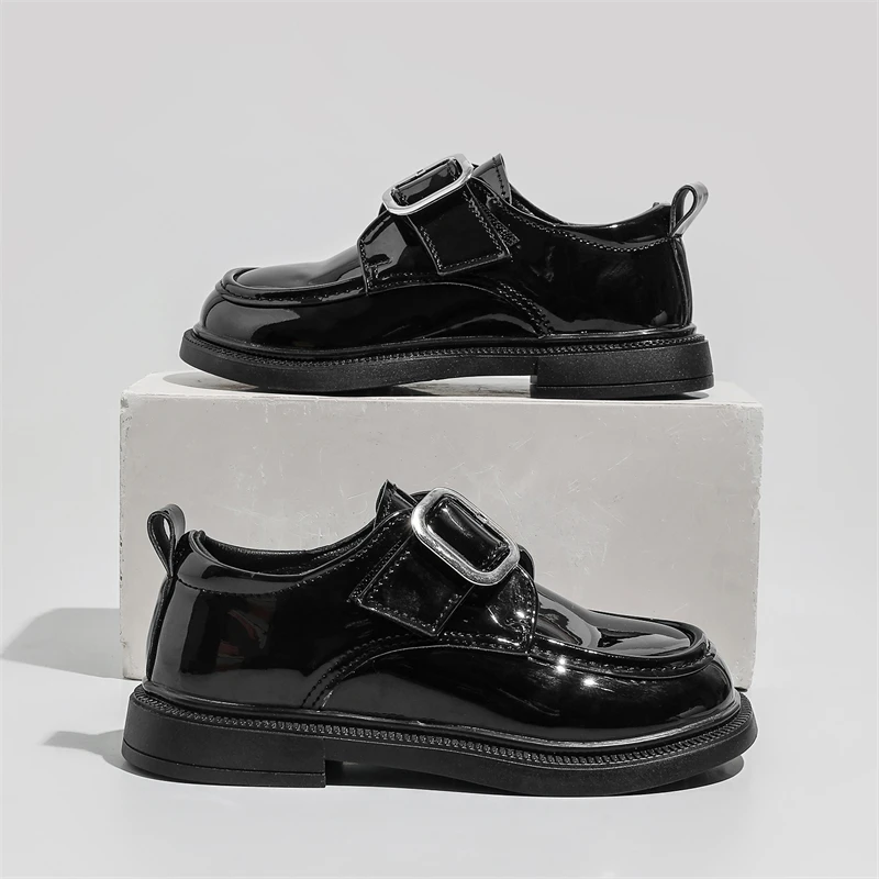 

Kids Princess Shoes Black Glossy Pu Girls Leather Shoes Soild Color Metal Decoration Children Flats School Soft children shoes