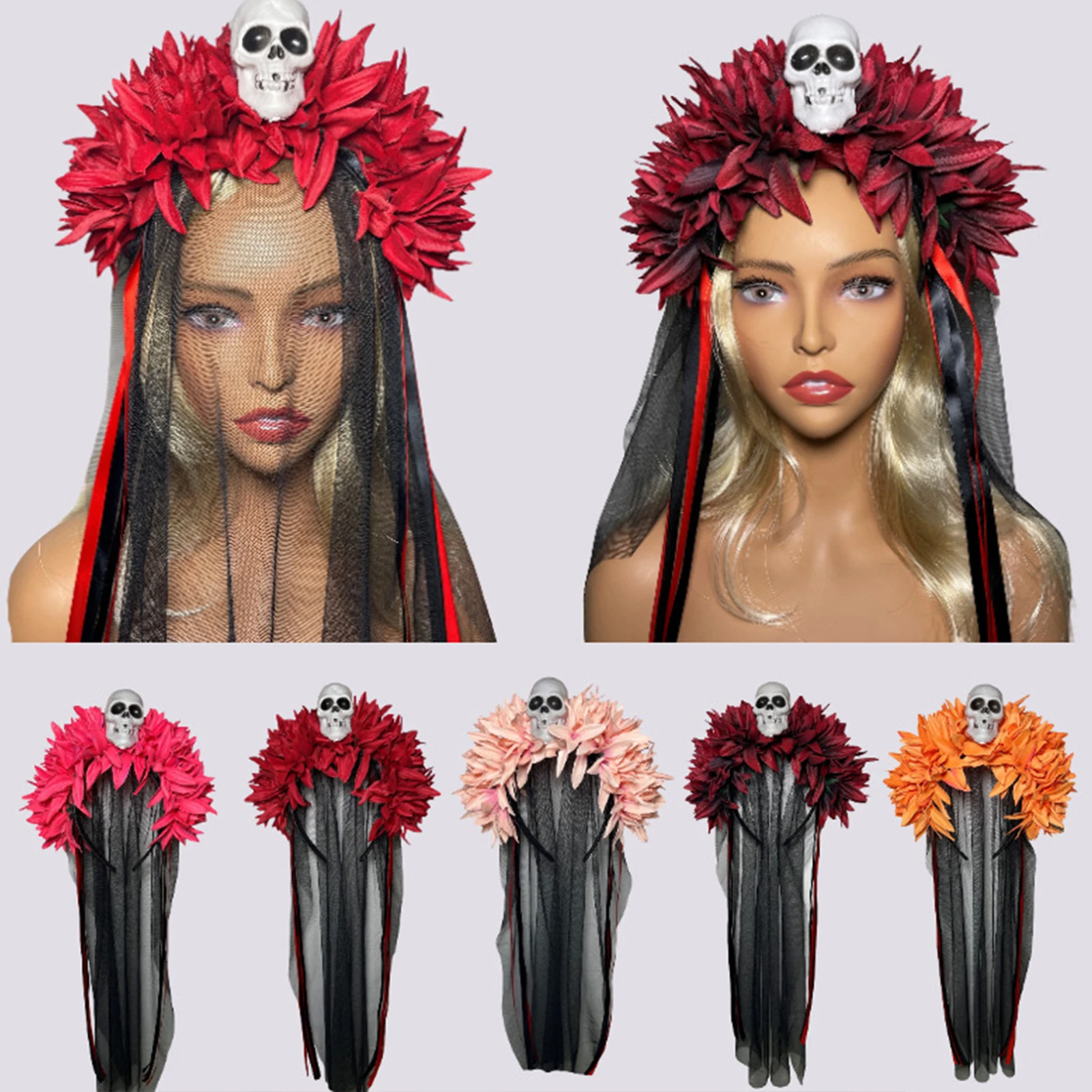 Halloween Skelett Kopf Haarband Schwarz Mesh Haar Hoop Chrysantheme Gothic Haar Zubehör Für Frauen Halloween Kostüm Party