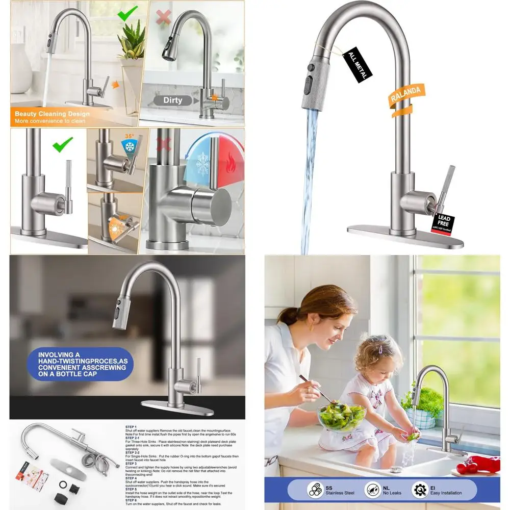 

High Arc Pull-Down Spray Stainless Steel Single Handle Kitchen Sink Faucet with 3-Spray Metal Arm, Suitable for 1 or 3 Hole Inst