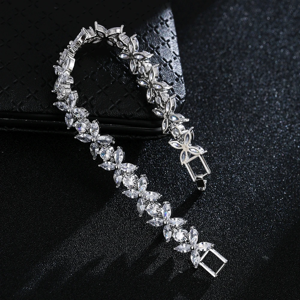 Fashion White Marquise Cut Cubic Zircon Chain & Link Bracelets Bangles Flower Bridal Wedding Jewelry for Women