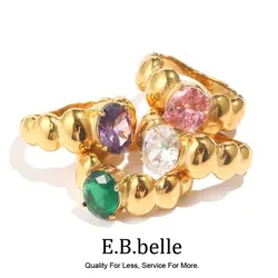 E. B. Belle Luxury Shiny Cubic Zirconia Round Bead Wavy Stainless steel Women's Ring PVD Plated Fashionable Jewelry Gift