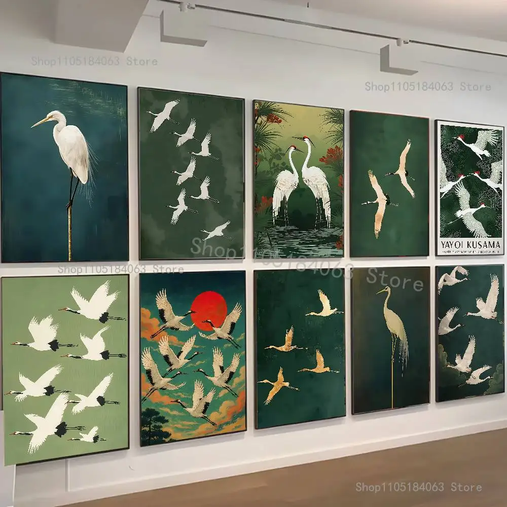 Japanese Style Green White Bird Anime Wall Art Canvas Painting Poster For Living Room Home Decor Decoration Picture
