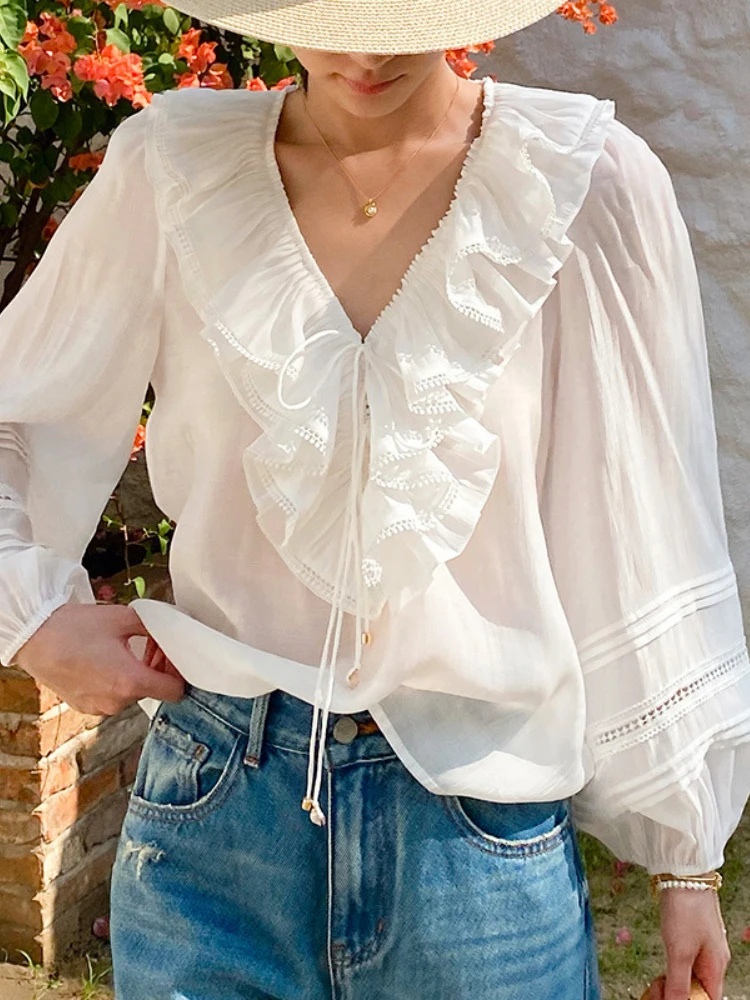 

GypsyLady French Style Blouse Shirt White Yellow Thin Sheer Loose Deep V Hollow Out Vintage Sexy Vocation Ladies Women Tops New