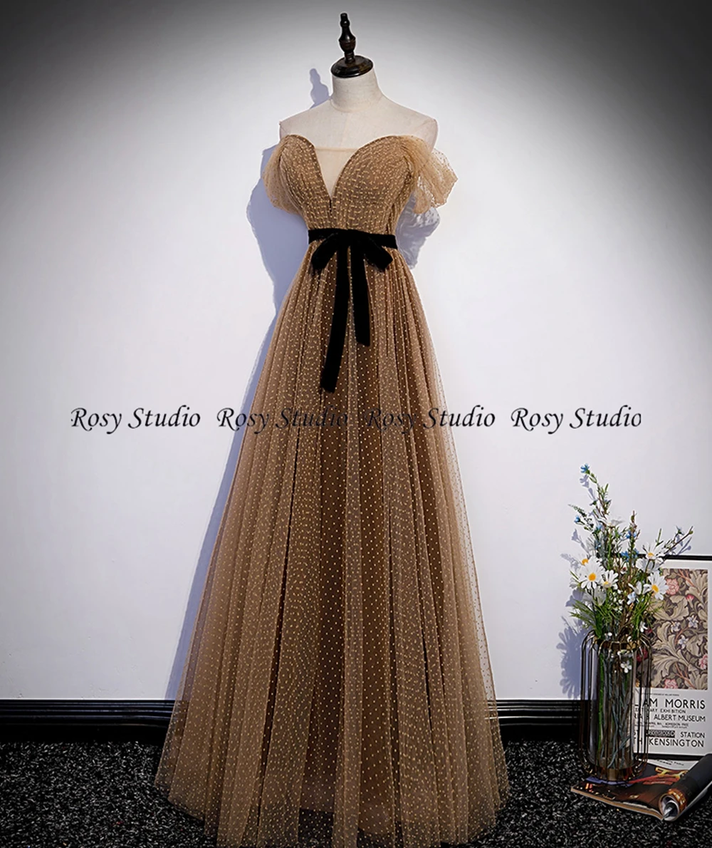 Unique Brown Evening Dresses Long Off Shoulder Corset back Polka dot Prom Gown A-Line Wedding Party Dress Robe de Soiree