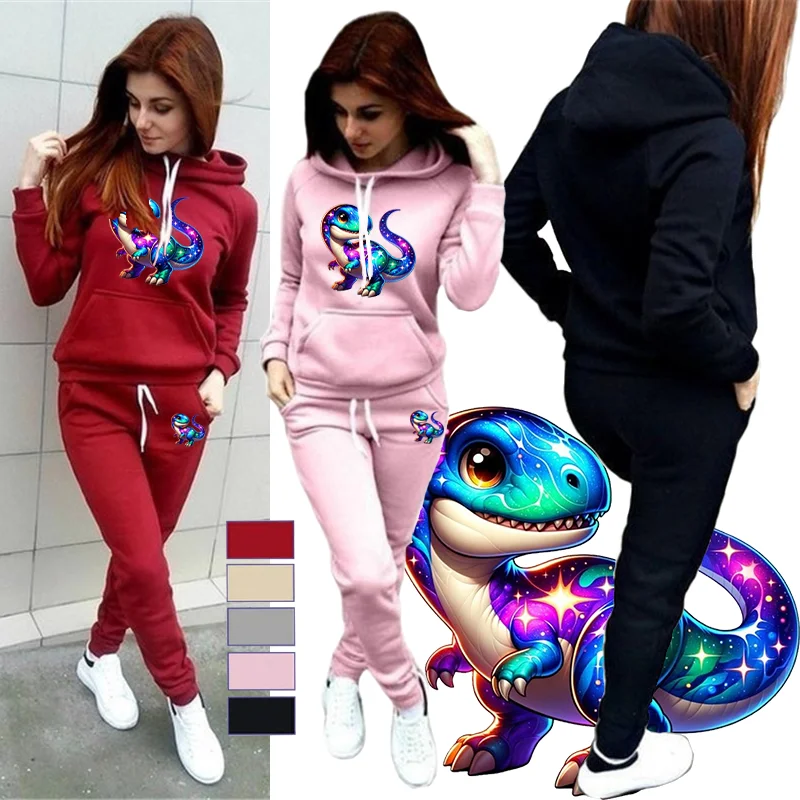

Красочный женский комплект с капюшоном с принтом динозавра, повседневный комплект из двух предметов в стиле хип-хоп в уличном стиле, флисовая толстовка, уличный комплект