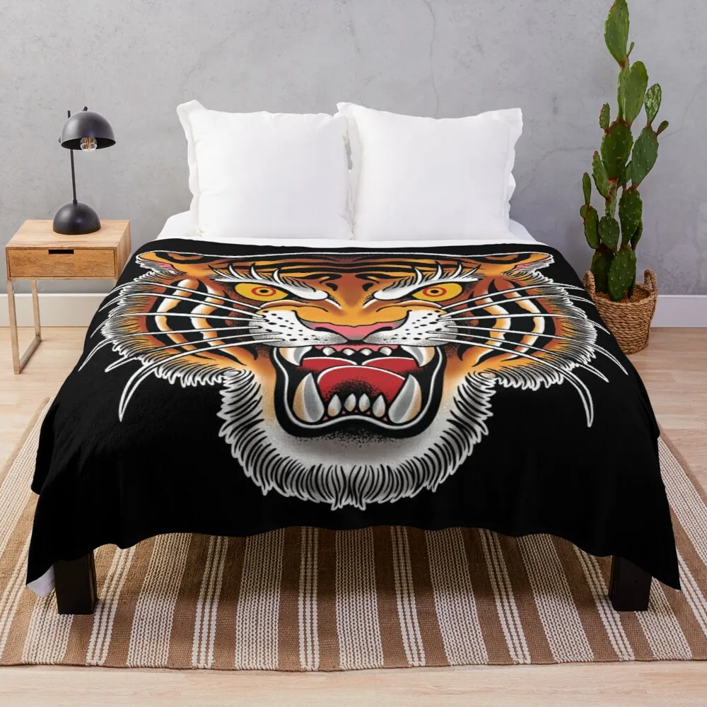 Tiger Head Tattoo Design Throw Blanket Designer Blanket Soft Plush Plaid