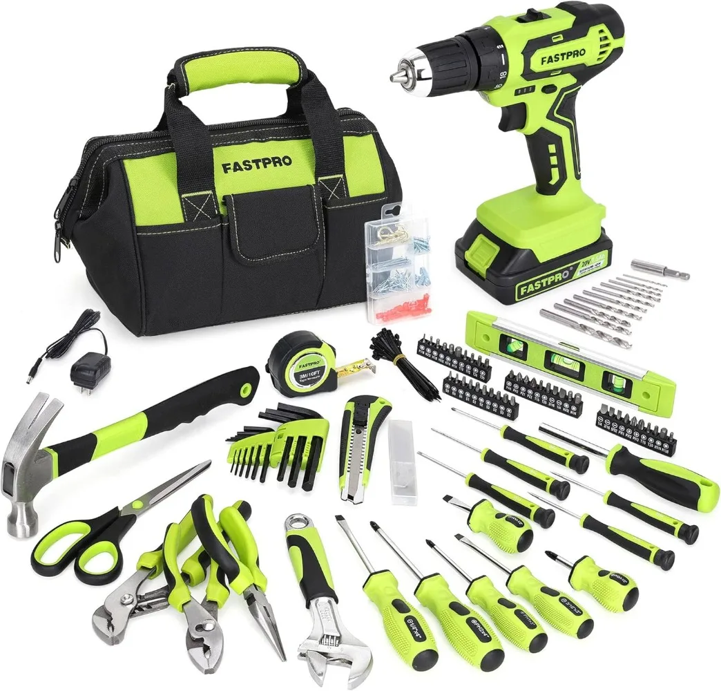 232-Piece 20V Cordless Lithium-ion Drill Driver and Home Tool Set, 12-Inch Wide Mouth Open Storage Tool Bag, Green