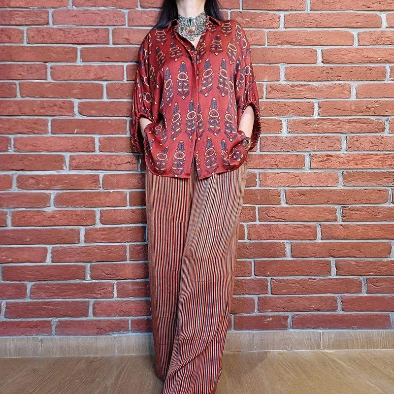 

Women's Vintage Bohemian Vacation Set Printed Loose Ethnic Casual Suit Spring Long-sleeved Blouse Shirts&Wide Leg Pant Suit