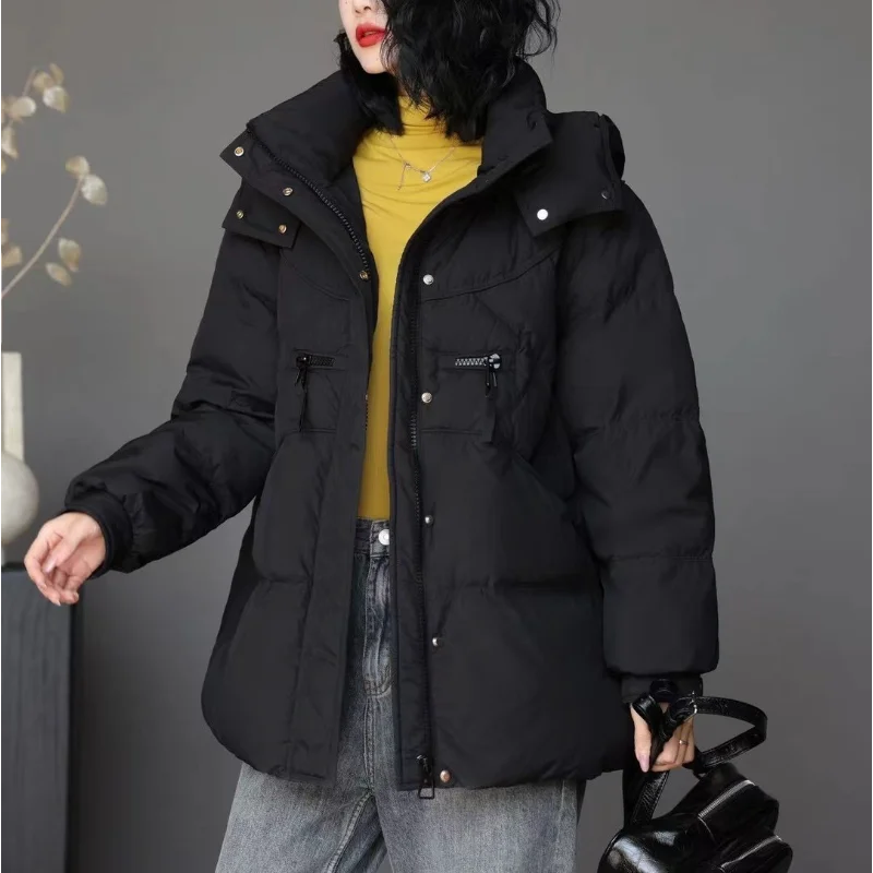 여성용 중간 길이 다운 겨울 신상 패션 출퇴근용 후드 재킷 - 다용도 오버사이즈 두꺼운 루즈 코트 - 트렌디