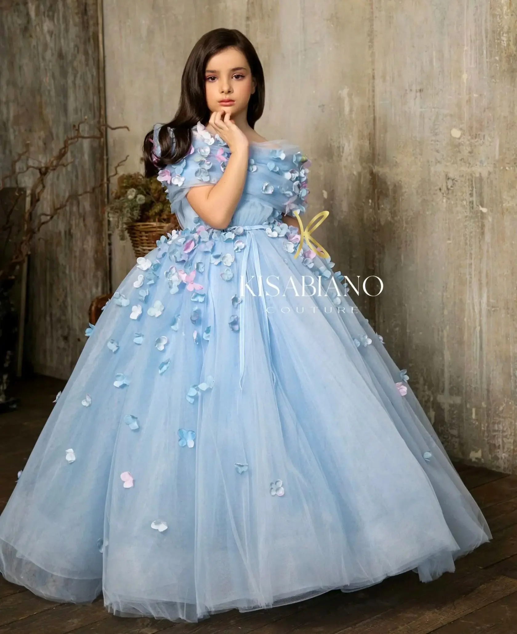 

Light Sky Blue Flower Girls Dresses for Wedding Ball Gown Appliqued Floral Kids Baby Pageant Princess Birthday Gowns Party Dress