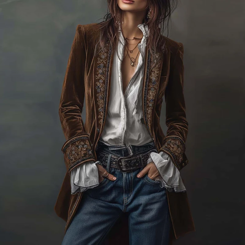 New Women Winter Coats and Jackets Vintage Floral Print Lapel Neck Velvet Outerwears Long Sleeve Autumn Cardigan Female Clothing