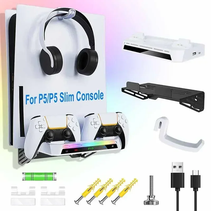 ps5 playstation 5 ps5 accessories Ps5 Slim Host Wall Bracket Game Controller Contact Charger Bracket with RGB Light Strip e