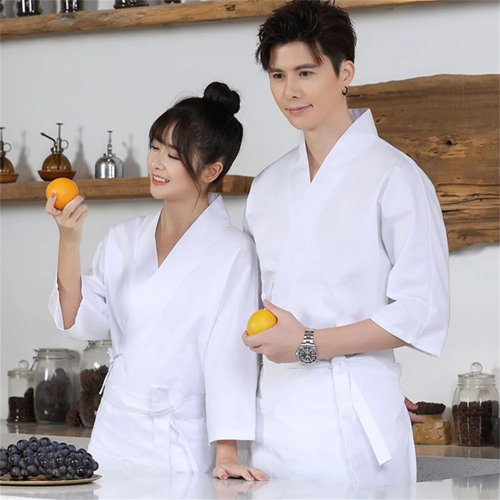 pure white Unisex Japanese Style Cook Uniform Shirts Apron Kimono Waiter Work Wear  Chef Sushi Restaurant Overalls Waiter Work