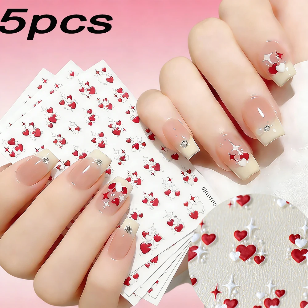 1/2/5 Stück 5D Nagelaufkleber Herz-Sternförmige Form Selbstklebende Nagelsticker für Frauen Mädchen Niedliche Rot-Weiße Liebes-Nagelkunst-Zubehör