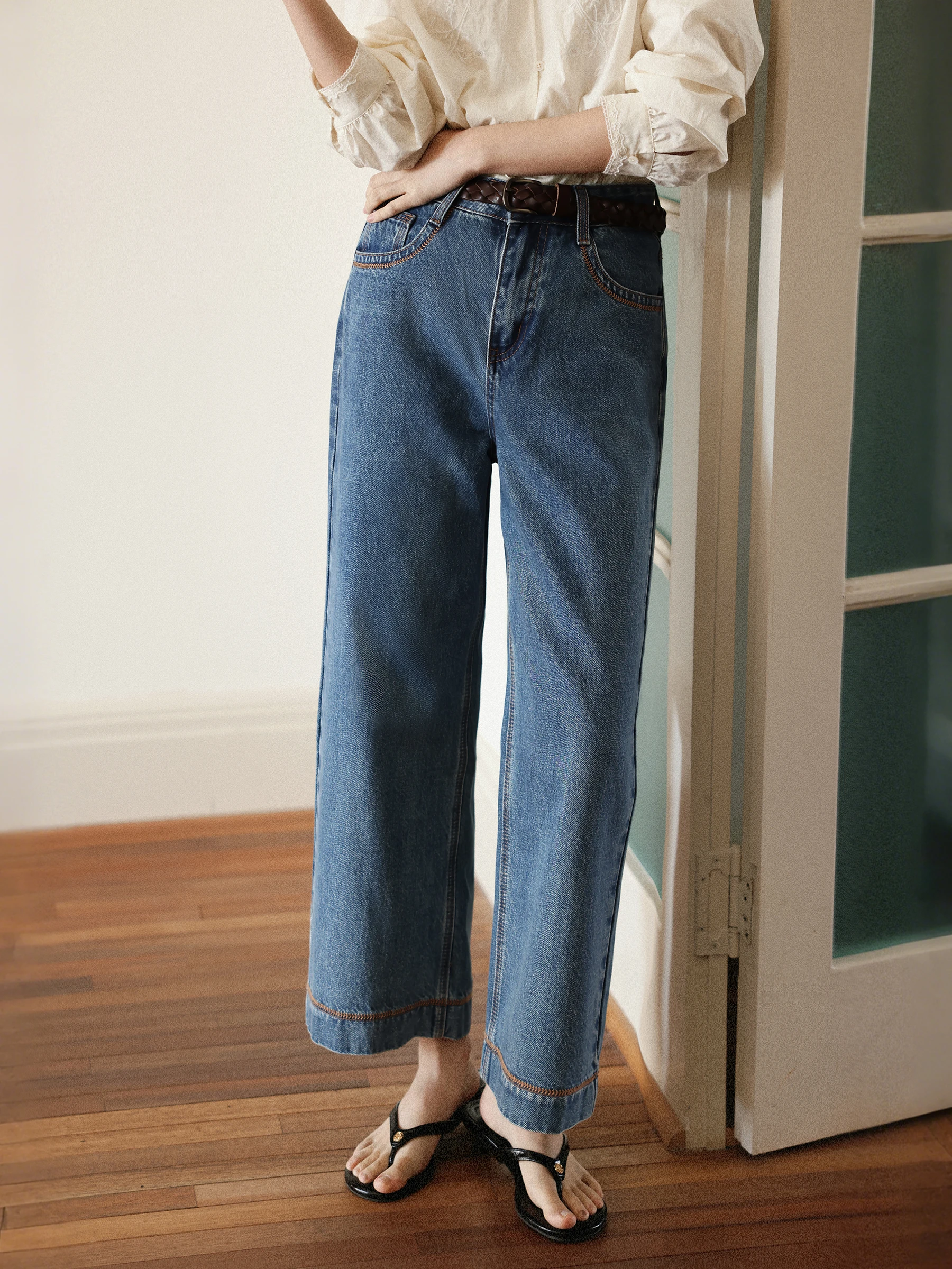 

High Waist Loose Fit Straight Leg Nine-Tenths Jeans Retro Women's Denim Pants Casual Comfortable Cotton Trousers