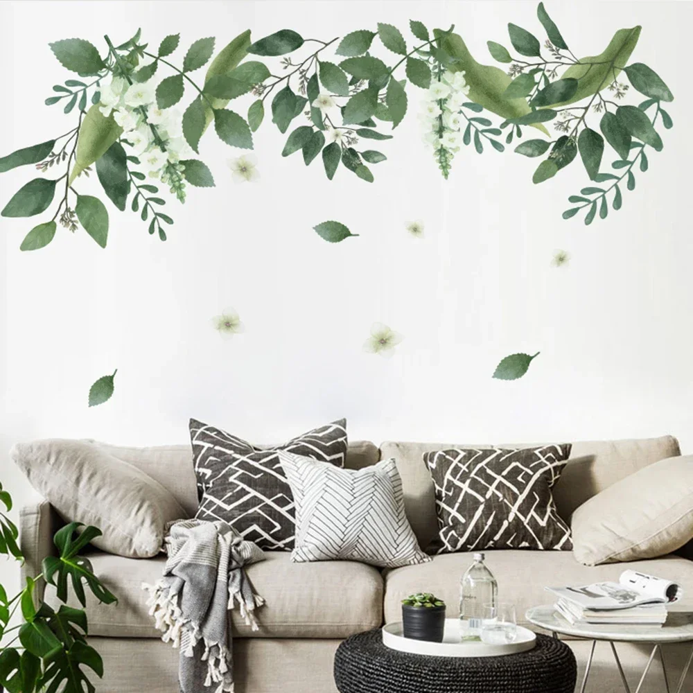 Tropical Leaves Wall Sticker Green Leaves Vine PVC Wall Decal Eco-friendly Moisture-proof Home Bedroom Living Room Decoration