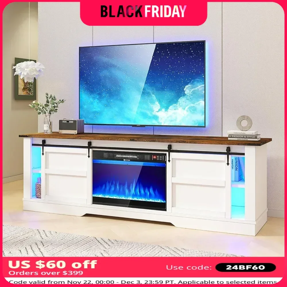 TV Stand LED Light with Set of Shelf Modern Entertainment Center with Sliding Barn Door and Cabinet Electric Fireplace TV Stand