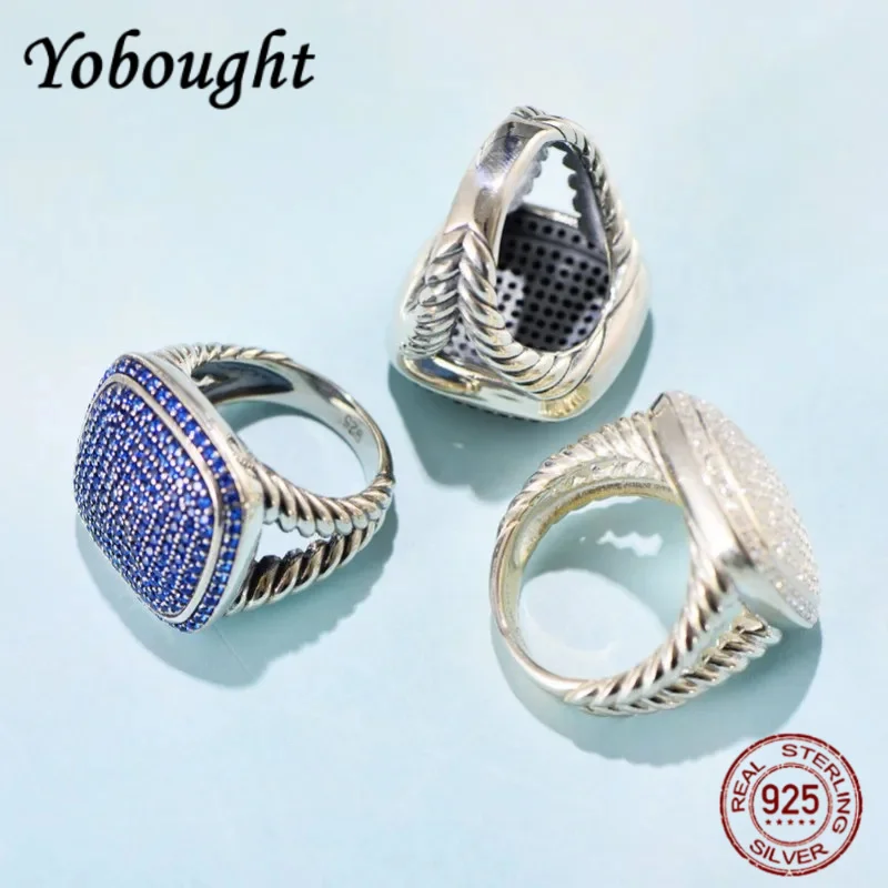 

NEW S925 Sterling Silver Rings New Fashion Square Blue White Black Zircon Weaven Argentum Viking Jewelry for Men Women