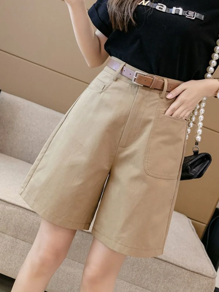 Summer New Cotton Versatile Work Straight Shorts High-waisted A Word Five-minute Pants Loose Korean Casual Pants （with A Belt）