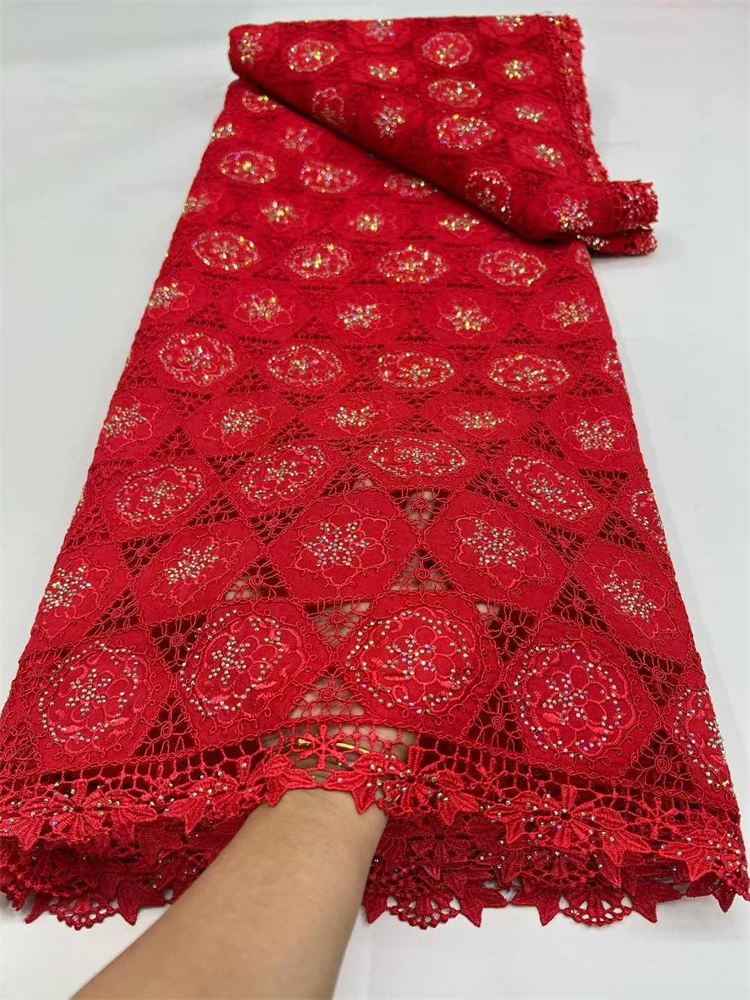 

New Design Embroidery Lace 2026 African Cord Lace Fabric With Stones High Quality Guipure Lace for Bridal Party Evening Dresses