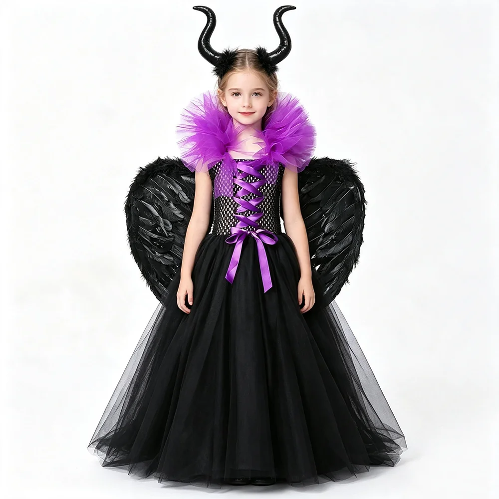 Purple Black Horned Witch Costume for Girls Evil Fairy Long Fancy Tutu Dress with Feather Wings Horns Dark Queen Floor Ball Gown