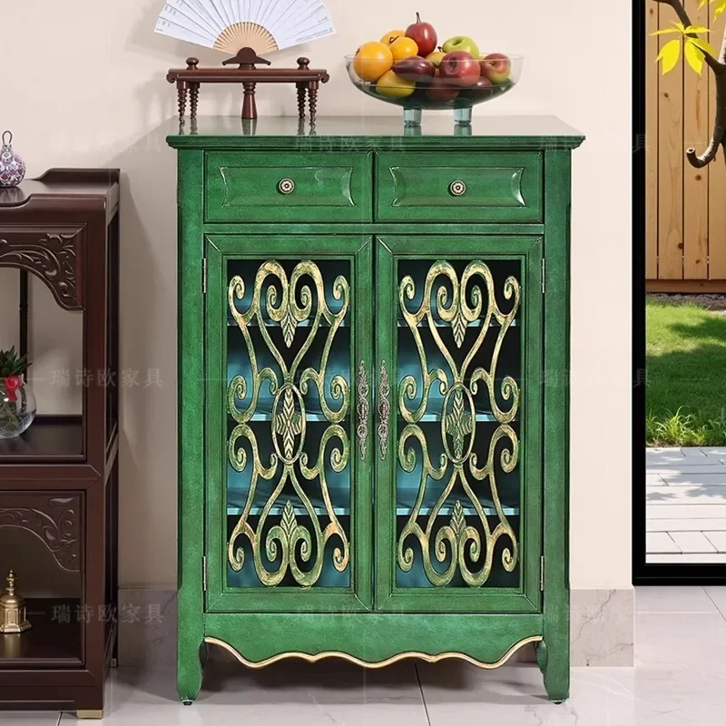 for American Rural Retro Solid Wood Shoe Cabinet Living Room Storage Two Door Entrance Cabinet European Storage Partition