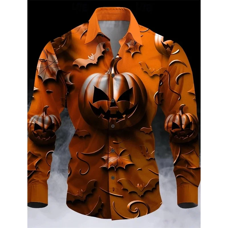 Men's Pumpkin Graphic Button Down Shirt 3d Printing Halloween Theme Long Sleeves Tee Shorts Mens Casual Oversized Blouse Tops