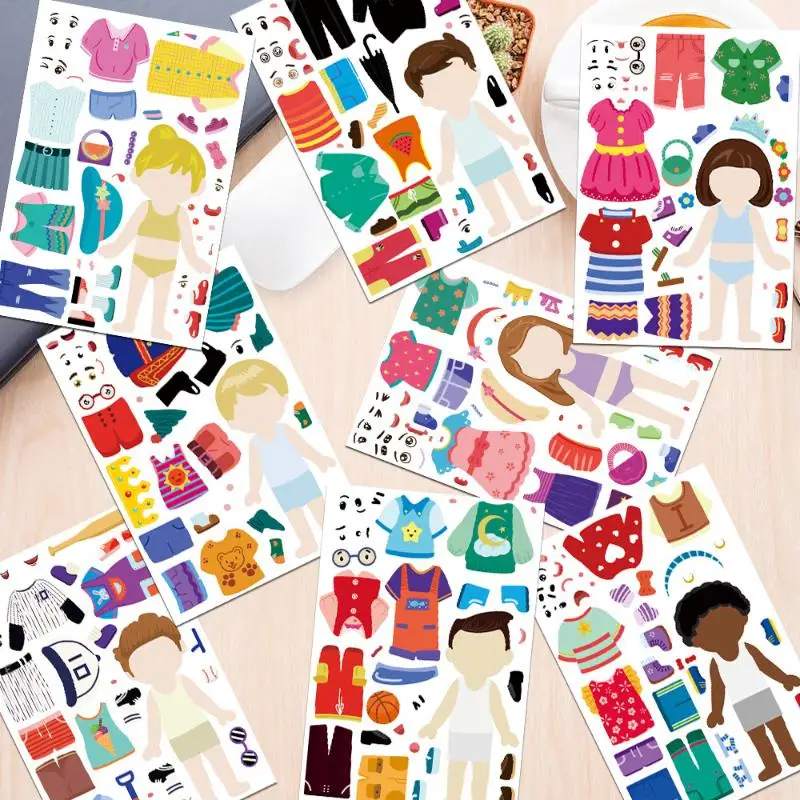 8Pcs Cartoon Dress Up Puzzle Stickers Fun Handbook Character Jigsaw Education Stickers Toys Decoration Sticker