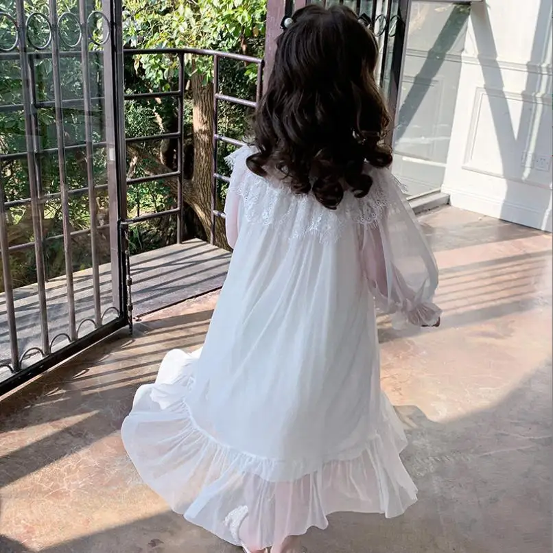 Girl Long Sleeve Sleep Dress Baby Princess Comfortable Thin Pajamas Children Mesh Lace Home Clothes Kids Nightgown 6-16Y Wz1149