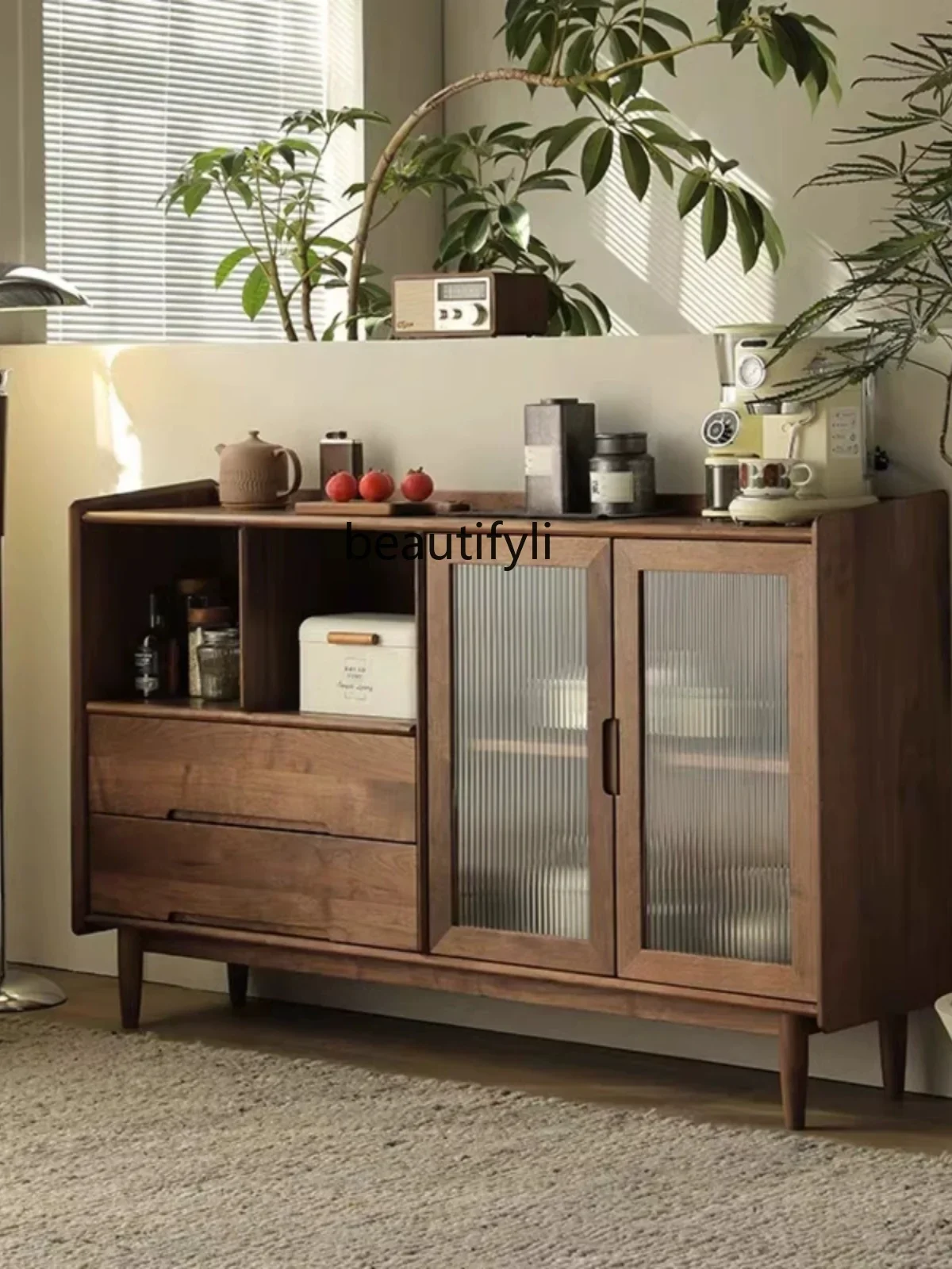

Nordic Solid Wood Black Walnut Sideboard Cabinet Simple Modern Kitchen Locker Wine Cabinet Home