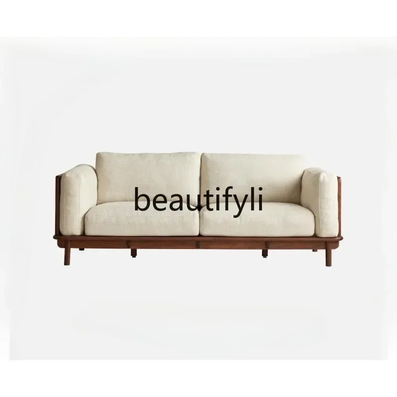 

LXNorth American black walnut sofa retro solid wood three-person living room sofa removable and washable fabricQQSSS