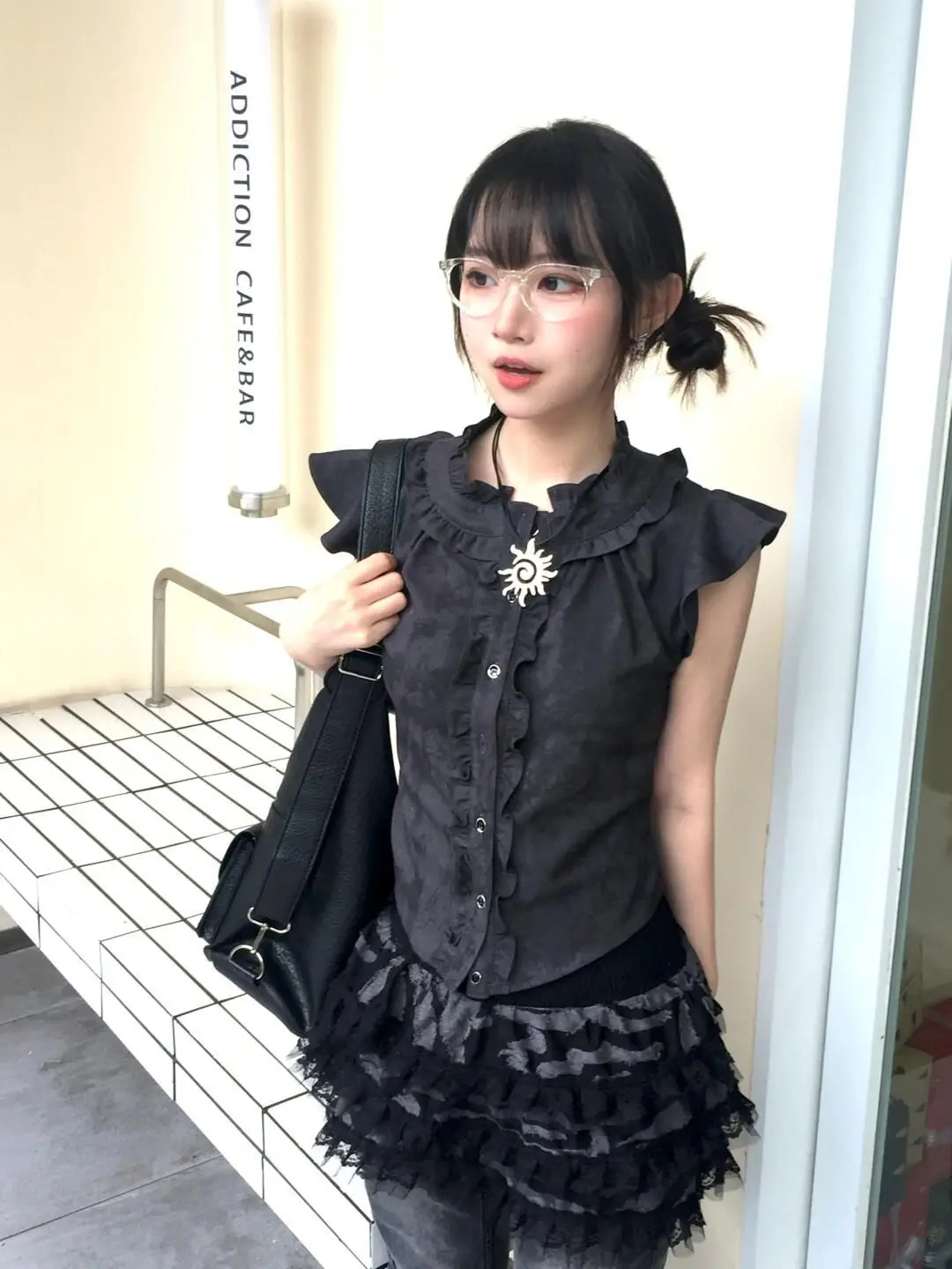 

Subculture Y2k Flying Sleeves Lotus Leaf Edge Patchwork Slim Fit Vest Shirt Summer New Spicy Girl Single Breasted Blouse Women