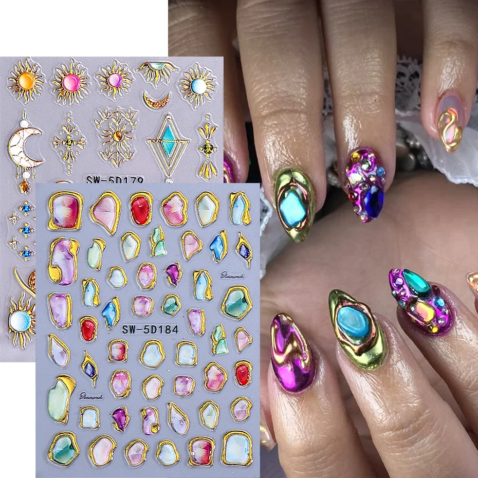 5D Gemstone Charm Nail Sticker Gold Irregular Frame Rhinestones Adhesive Slider Nail Supplies Decals Bohemian Manicure  Decor