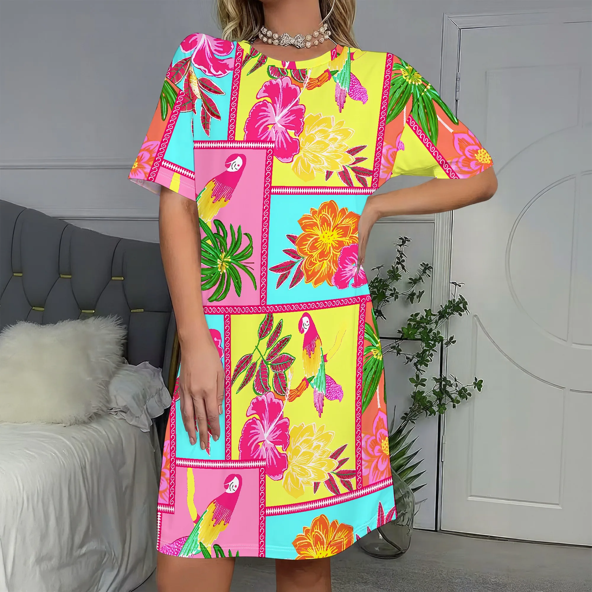 

Vibrant Parrot Dress, Tropical Print Short Sleeve, Colorful Floral Summer Shift, Beach Vacation Party Wear, S-2XL