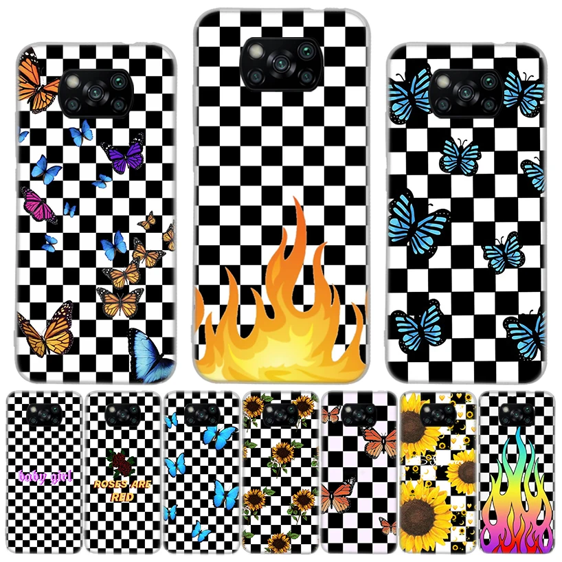 Checkered Sunflowers Butterfly Silicon Call Phone Case For Xiaomi Poco X3 Nfc X5 X6 F6 F5 Pro M5S M5 X4 F4 GT M4 M3 F3 F2 F1 M2 