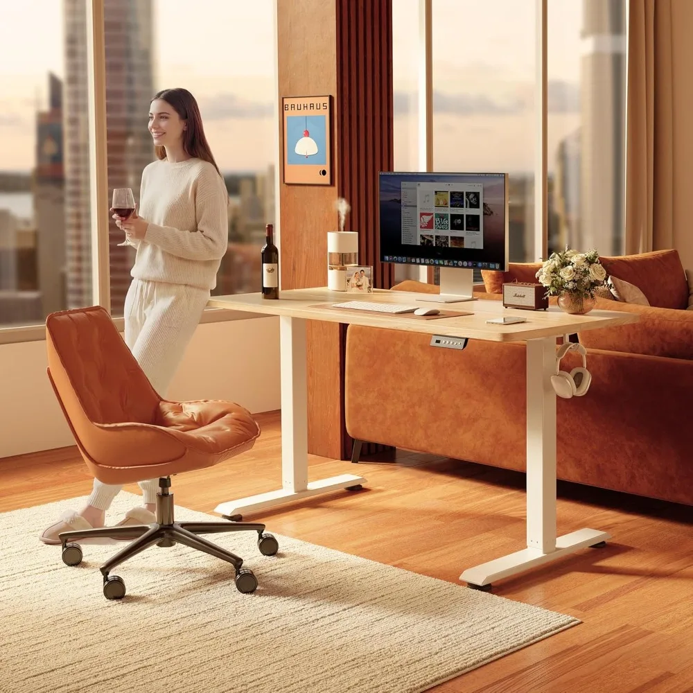 

new-Electric Height Adjustable Standing Desk 48x24 Inches Sit Stand Computer Desk with Splice Board White Frame Maple Top