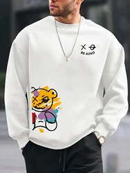 Men's autumn and winter fashionable casual loose BE KING bear cartoon printed fleece pullover round neck long sleeved sweatshirt
